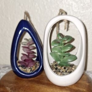 Bundle Ceramic Hanging Planters with Succulents - Blue and White